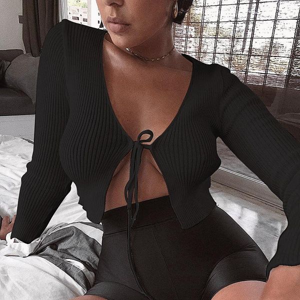 

women's t-shirt womens casual hollow bow long sleeve cardigan fashion solid color v-neck lace-up exposed navel stitching s-xl, White