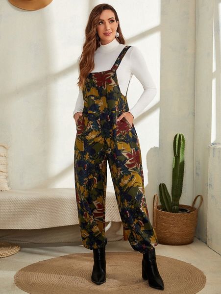 

emery rose allover floral print slant pocket overall jumpsuit without f5kx#, White