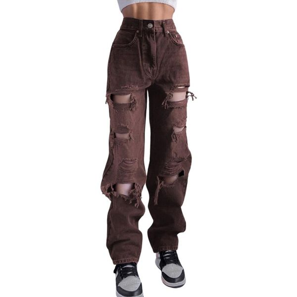 

women's jeans hirigin 2021 autumn women casual ripped adults high waisted solid color denim pants with pockets streetwear, Blue