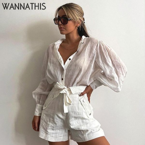 

women's blouses & shirts wannathis fashion blouse women lantern sleeves solid stand-up collar button sun protection 2021, White