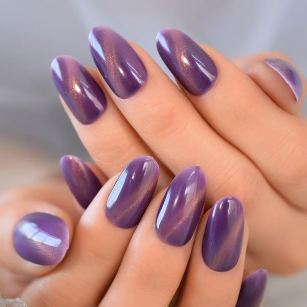 

purple-merged faux ongles airbrushed galaxy serious acrygel false nails painted thick large nail tips gift for girls, Red;gold