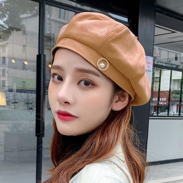 

berets spring and autumn women's korean beret octagonal hat fashion pure color wild pearl pumpkin warm, Blue;gray