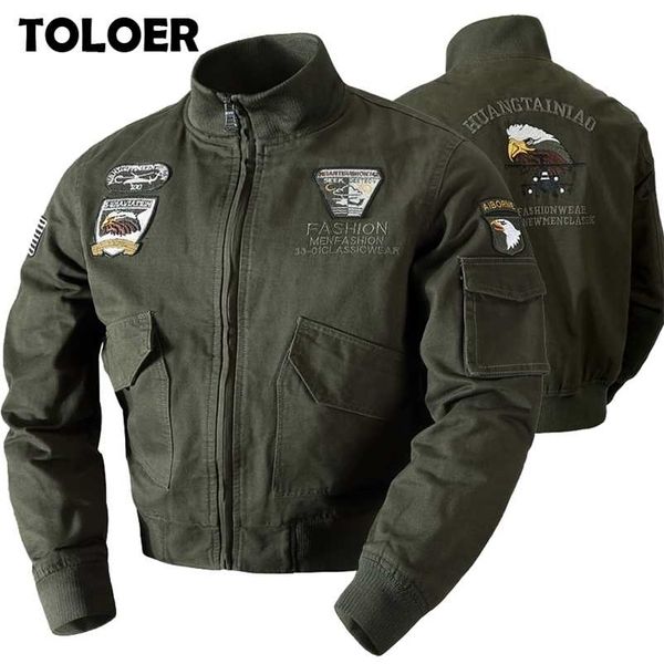 

men's military bomber jackets men autumn winter casual solid zipper pilot jacket stand collar male embroidery slim coat 211102, Black;brown