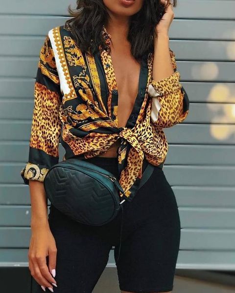 

spring women elegant party clubwear loose button shirt turn-down collar female leopard print knot front long sleeve blouse 210415, White