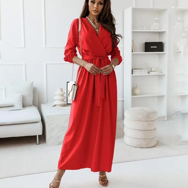 

casual dresses deep v neck long sleeve maxi dress women autumn party pink red office for woman robe femme, Black;gray
