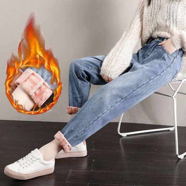 

women's jeans casual loose thick winter korean fashion plus size high waist harem pants y2k ankle-length cotton denim trousers, Blue