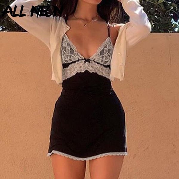 

allneon vintage deep v-neck lace trim cami y2k fashion backless spaghetti strap a-line e-girl party dress black outfits slim casual dres, Black;gray