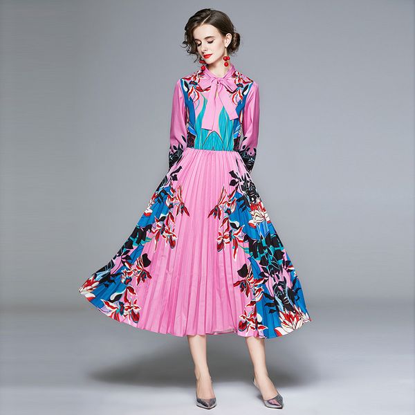 

new autumn runway floral print bow tie collar maxi shirt dress vintage long sleeve elastic waist pink female long pleated dress, Black;gray