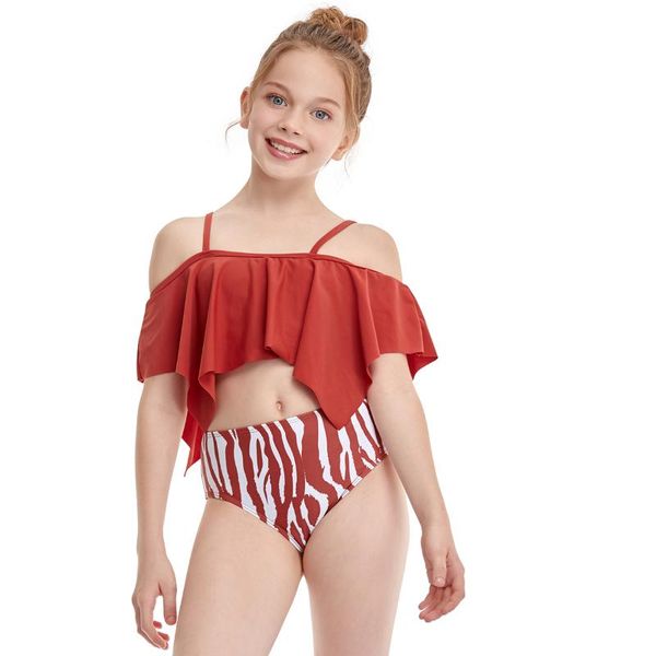 

children's swimwear two piece printed swimsuit for girls summer off shoulder ruffles bikini sets kids lovely one-piece suits