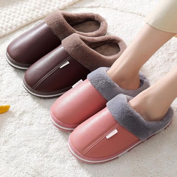 

slippers two-color leather with fur soles for men and women home wood floor thermal cotton slip shoes, Black