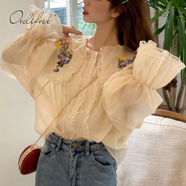 

summer vintage women white embroidery floral shirt sweet lace crochet single breasted blouse elegant 210415