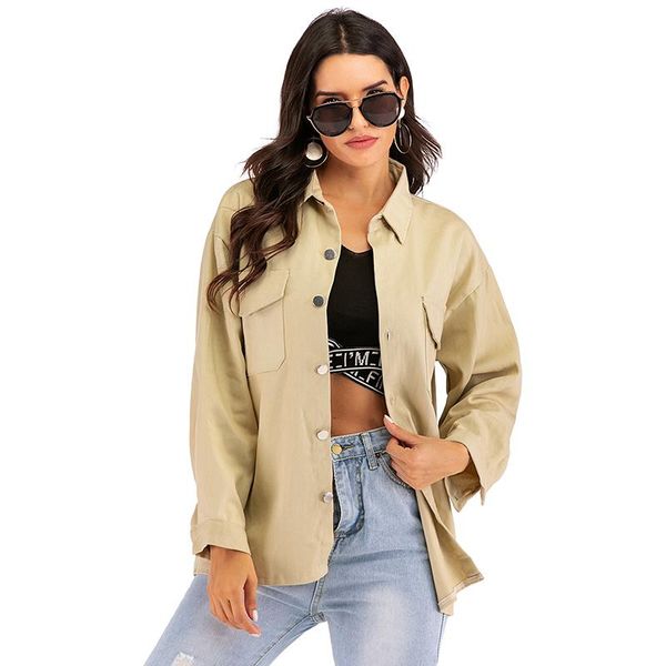 

women's jackets letter embroidery coat women long sleeve turn-down collar button pocket loose shirt 2021 autumn ladies jacket coats, Black;brown