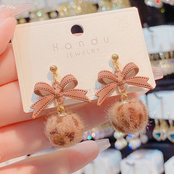 

dangle earrings korean autumn and winter bow leopard temperament high sense plush s925 silver needle