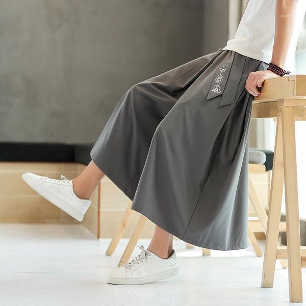 

men's pants harajuku style wide leg 2021 cotton linen men calf-length harem vintage male casual trousers oversized 5xl, Black