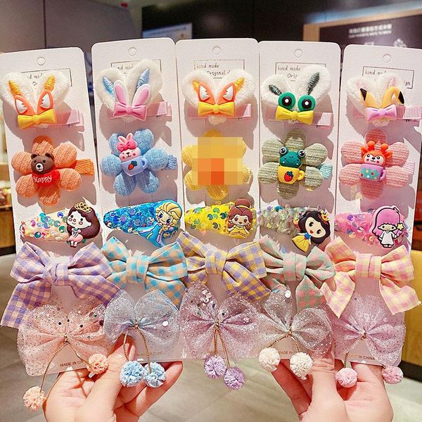 

hair accessories 5pcs/set girls cute cartoon ears bow flower clips kids sweet hairpin barrettes lovely headband fashion, Slivery;white