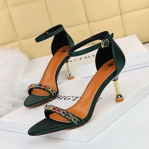 

sandals 2021 summer elegant women 7.5cm thin high heels designer ladies glitter crystal green pink wedding shoes, Black