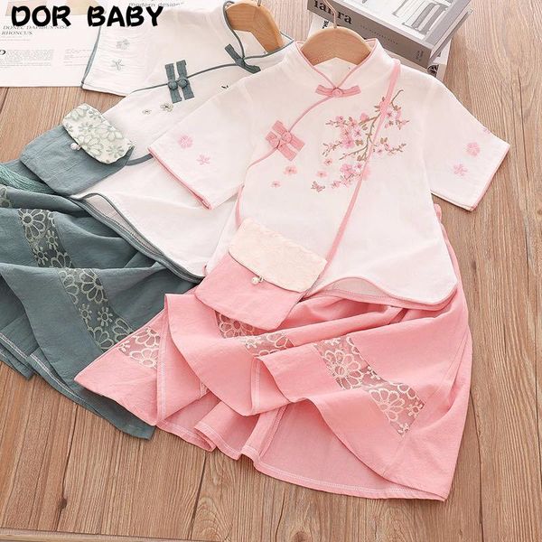 

3-16y teens girls clothes sets 2021 baby kids cheongsam embroidery shirt +skirts autumn children clothing with purse, White