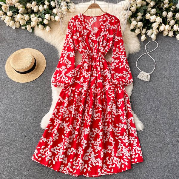 

autumn vintage floral long dress women casual v-neck puff sleeve high waist a-line vestidos elegant female robe 2021 new fashion, Black;gray