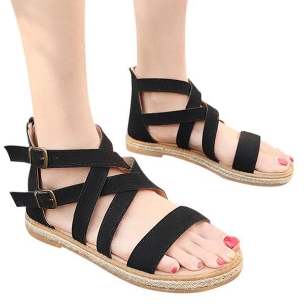 

female drop shopping plus size women summer buckle strap flat beach open toe breathable sandals rome shoes mules 515, Black