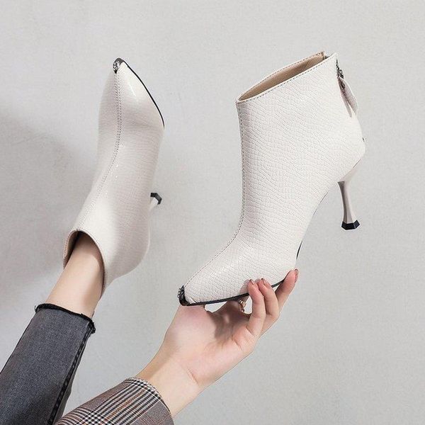 

boots resfimix female fashion pointed toe beige side zip comfort stiletto heel women classic black pu leather