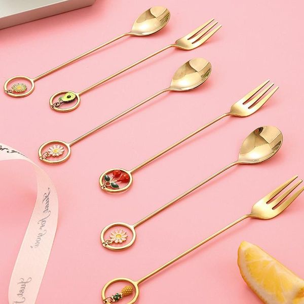 

forks golden spoons stainless steel dinnerware with pendant spoon fork coffee stirring dessert kitchen cutlery tools