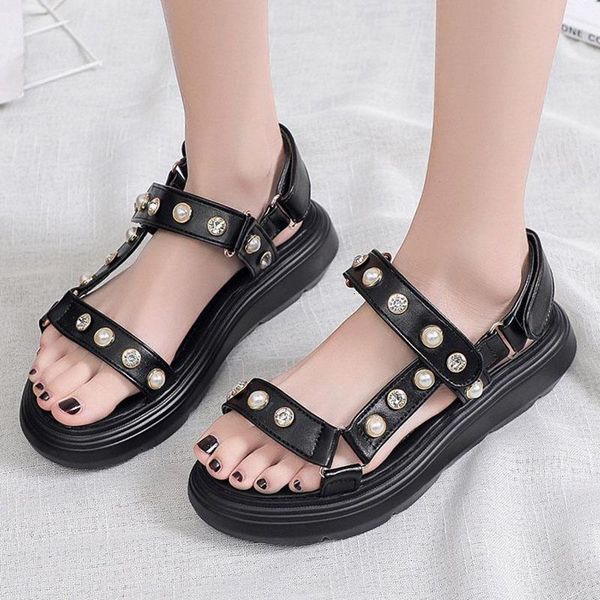 

sandals lucyever summer fashion pearl women open toe flat platform ladies comforthable outdoor beach shoes noy5, Black