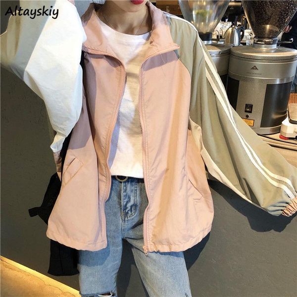 

women's jackets women basic turn-down collar patchwork fashion running loose casual sun protection students all-match streetwear teens, Black;brown