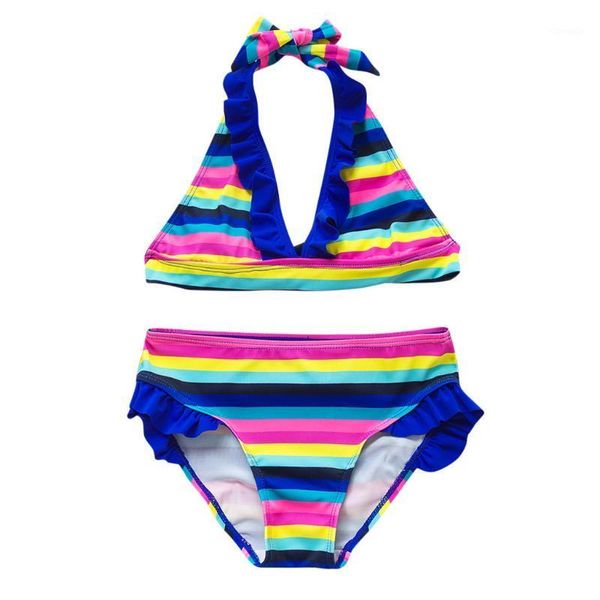 

fashion trendy swimwear teen girls rainbow striped two-pieces sleeveless frill swimsuit bikini outfit l1223, Black