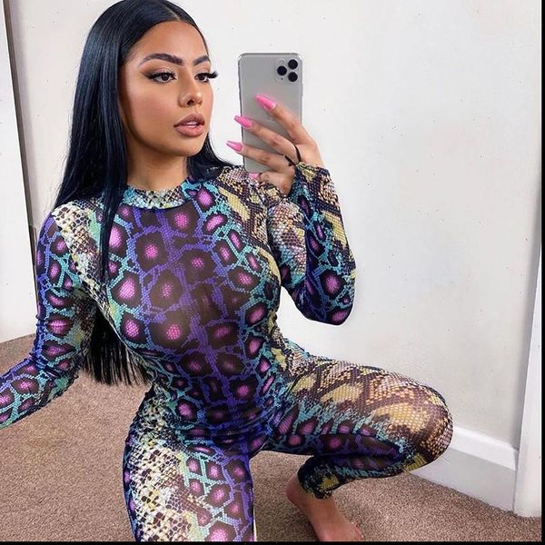 

women romper jumpsuit serpentine print o neck long sleeve fall autumn backless bodycon club streetwear, Black;white
