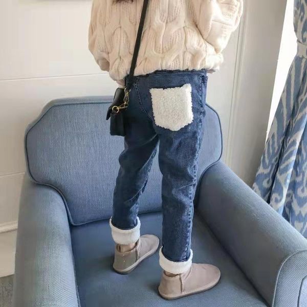 

jeans girls plus velvet autumn and winter style, big children's western style thickened warm pants, Blue