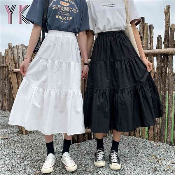 

spring summer midi long skirt for girls maxi high waist women solid white pleated cake a-line skirts clothes 210708, Black