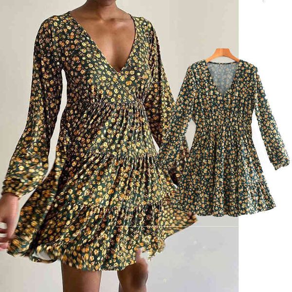 

casual dresses fashion retro flower printing dress v neck long sleeve woman mini slim waist chic pleated skirt es wid3, Black;gray