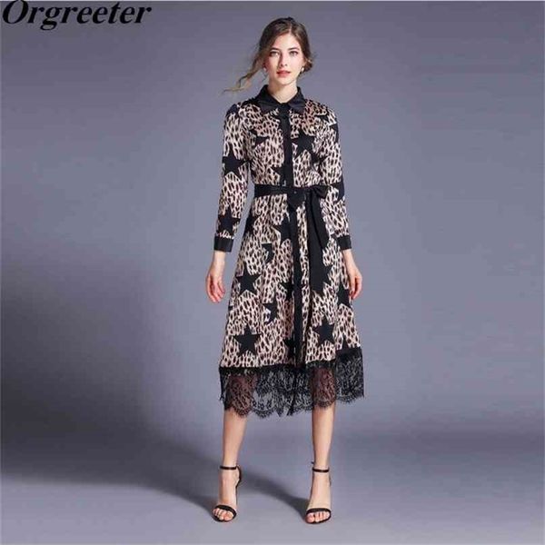 

european fashion five-pointed printted leopard dresses women lace trim hem sashes bow vintage black long shirt 210602, Black;gray