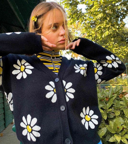 

women's sweaters vintage flower knit cardigans women autumn winter v neck elegant sweater coat female casual thicked clothes fazy, White;black