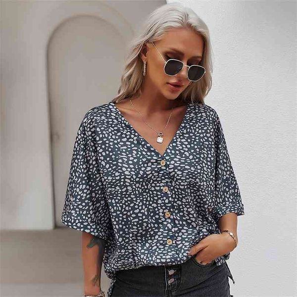 

fashion print leopard blouse women summer short-sleeved shirt casual floral button and bloues 210508, White