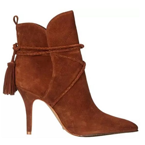 

boot arrival brown suede leather high heels pointed toe fringe ankle women's clothing bootie size 34 to 42 party dress shoes, Black