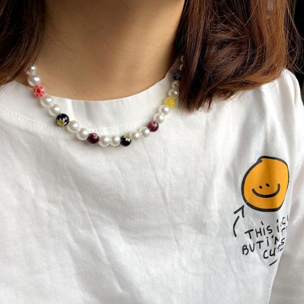 

chains bohemian style seven-color glass beads flowers hand-stranded round bead necklaces for women fashion travel holiday jewelry, Silver