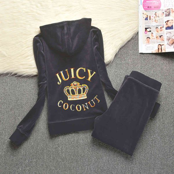 

2021 the fashion design juicy lovers brand sporting suits women training packages casual boreing diamonds velvet hooded collar yoga jogging, Gray