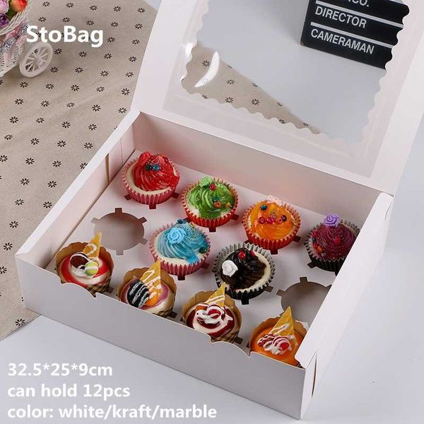 StoBag 5 pezzi Cupcake Kraft/Scatole di carta bianca 32,5 * 25 * 9 cm Festa di compleanno Matrimonio fatto a mano Anno Regalo Baby Shower Bomboniera per bambini 210602