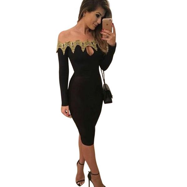

casual dresses long sleeve slash neck bodycon women dress 2021 lace vintage hollow out knee length, Black;gray