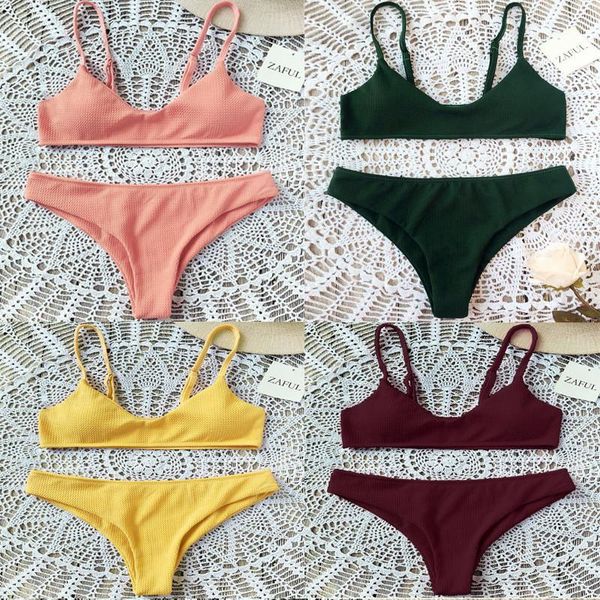 

women push-up padded bra bikini set triangle stretch bodycon solid color swimwear swimsuit 2021 bathing beachwear one-piece suits