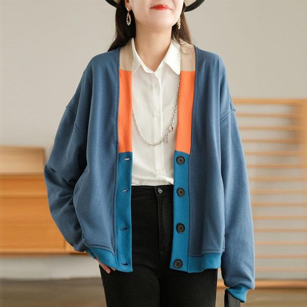 

women's jackets johnature women contrast patchwork coats cotton v-neck long sleeve loose clothing 2021 autumn baseball style casual, Black;brown