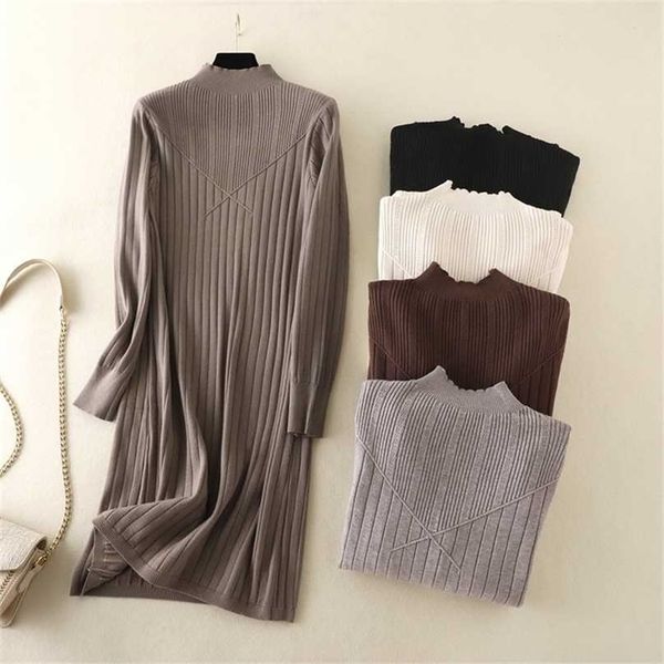 

hlbcbg chic long knit maxi women sweater dress thick warm winter pleated female rib turtleneck a line office lady 211109, Black;gray