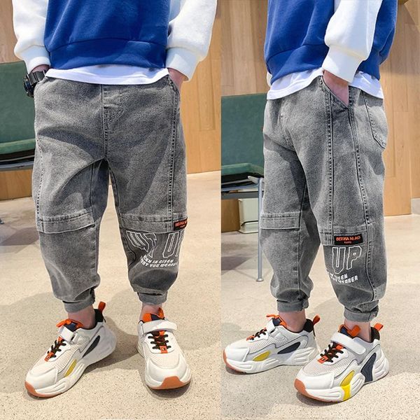 

pants for kids boys spring autumn 2021 denim patchwork jogger korean teenage boy jeans loose sport sweatpants 4 8 12y trousers, Blue