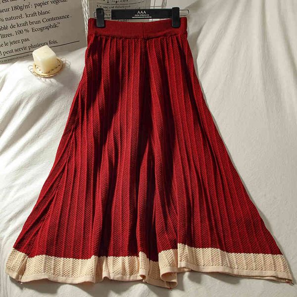 

skirts korean style burgundy rib knitted patchwork a-line long calf knit dojo, Black