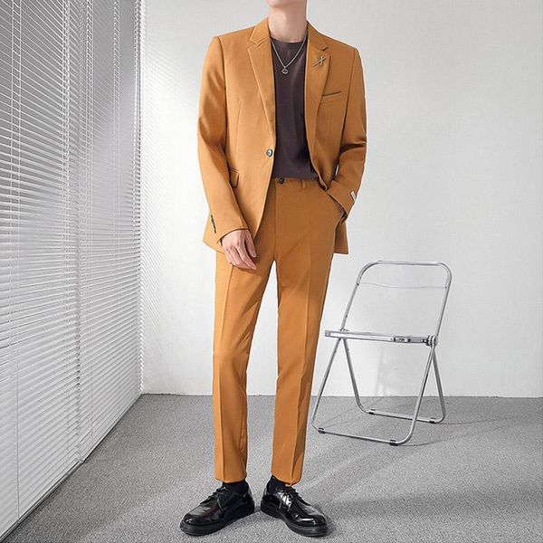 

men's suits & blazers 2pcs sets blazer pant men slim fit business casual coat male korean fashion wedding jacket trouser, White;black