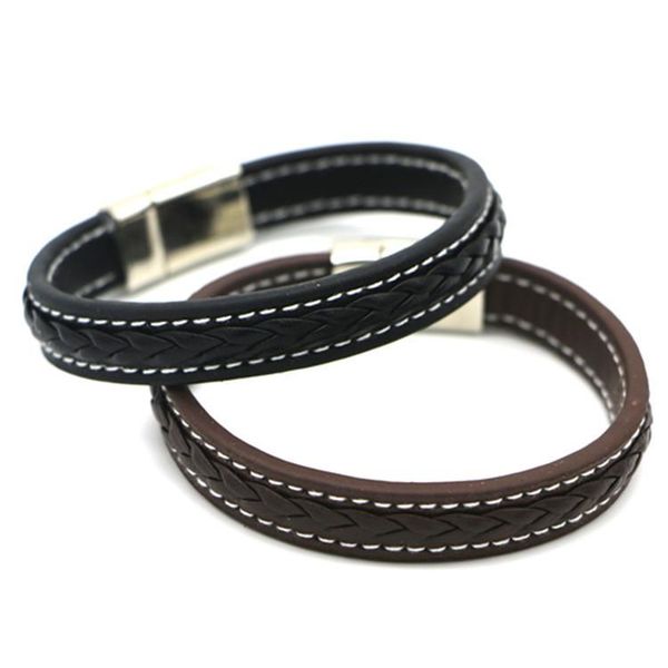 

link, chain trendy genuine leather bracelets men stainless steel braided rope for male female friends jewelry 2021 gift, Black