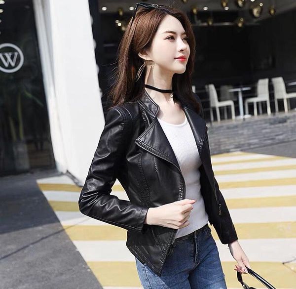 

slimming leather women's jacket black lapel short casual all-match coat motorcycle clothing jackets, Black;brown