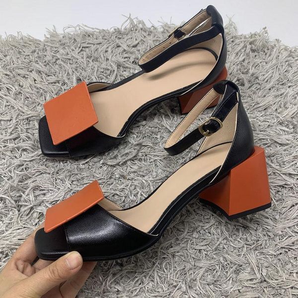

sandals elegant thick high heels for women genuine leather mixed colors shoes summer dancing party woman size 42 43, Black