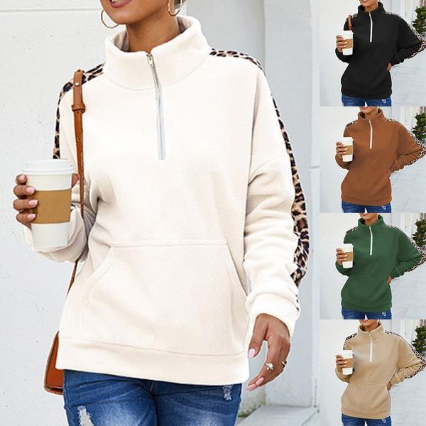 

gym clothing zipper pullover women autumn winter stitching leopard sleeve casual round neck long-sleeved splice loose sweatershirt, White;black